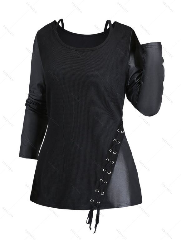 Haut à manches longues en tricot texturé de couleur unie Haut long à boutons factices - Noir L | US 8-10