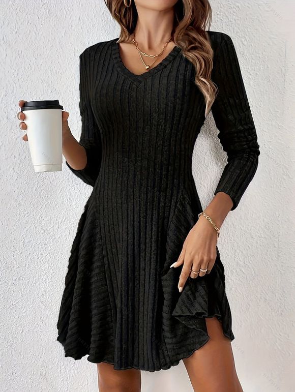 Robe texturée de couleur unie, mini-robe à col en V et manches longues - Noir XXL | US 12