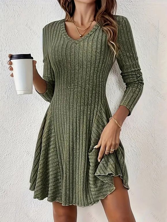 Robe texturée de couleur unie, mini-robe à col en V et manches longues - Vert Armée XXL | US 12