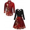 Christmas Couple Outfit Star Print Crossover Belt Dress and Long Sleeve Shirt Set - Rouge Vineux S | US 4