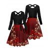 Robe de Noël à imprimé étoiles colorblock, croisée, manches longues, ceinture - Rouge foncé XXXXXL | US 20