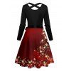 Robe de Noël à imprimé étoiles colorblock, croisée, manches longues, ceinture - Rouge foncé XXXXXL | US 20