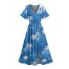 Robe de vacances à imprimé feuilles tropicales et cocotiers, manches évasées et fente - Bleu Ciel M | US 6