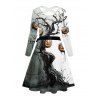Halloween Couple Outfit Pumpkin Tree Branches Print Crossover Belt Dress and Shirt Set - Noir S | US 4