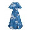 Vacation Couple Outfit Leaf Coconut Tree Print Slit Dress and Shirt Set - Bleu Ciel S | US 4