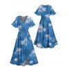 Vacation Couple Outfit Leaf Coconut Tree Print Slit Dress and Shirt Set - Bleu Ciel S | US 4