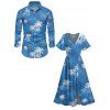 Vacation Couple Outfit Leaf Coconut Tree Print Slit Dress and Shirt Set - Bleu Ciel S | US 4
