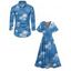 Vacation Couple Outfit Leaf Coconut Tree Print Slit Dress and Shirt Set - Bleu Ciel S | US 4