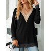Haut colorblock à empiècement en dentelle ajourée et col en V à manches longues - Noir XXL | US 12