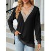 Haut colorblock à empiècement en dentelle ajourée et col en V à manches longues - Noir XXL | US 12