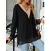 Haut colorblock à empiècement en dentelle ajourée et col en V à manches longues - Noir XXL | US 12