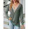 Haut colorblock à empiècement en dentelle ajourée et col en V à manches longues - Vert Armée XXL | US 12