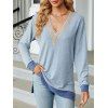 Haut colorblock à empiècement en dentelle ajourée et col en V à manches longues - Bleu clair XXL | US 12