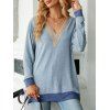 Haut colorblock à empiècement en dentelle ajourée et col en V à manches longues - Bleu clair XXL | US 12