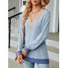 Haut colorblock à empiècement en dentelle ajourée et col en V à manches longues - Bleu clair XXL | US 12