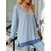 Haut colorblock à empiècement en dentelle ajourée et col en V à manches longues - Bleu clair XXL | US 12
