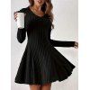 Robe texturée de couleur unie, mini-robe à col en V et manches longues - Noir XXL | US 12