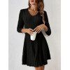 Robe texturée de couleur unie, mini-robe à col en V et manches longues - Noir XXL | US 12