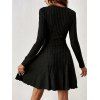 Robe texturée de couleur unie, mini-robe à col en V et manches longues - Noir XXL | US 12