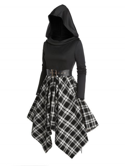 Robe à Capuche Asymétrique Ceinturée Manches Longues à Col Bénitier