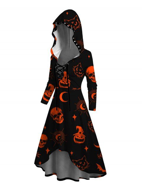 Robe à capuche d'Halloween à lacets, imprimé crânes et citrouilles