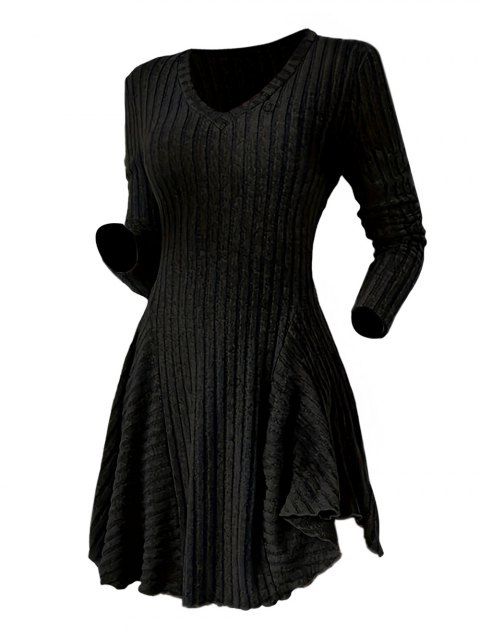 Robe texturée de couleur unie, mini-robe à col en V et manches longues