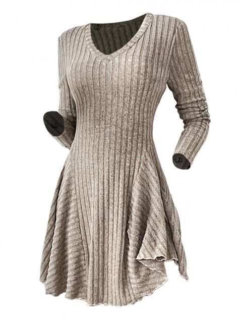 Robe texturée de couleur unie, mini-robe à col en V et manches longues