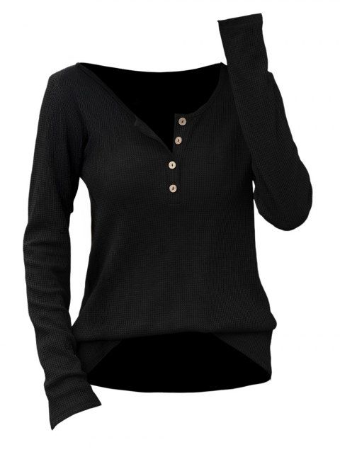 Solid Color Casual Top Textured Button Long Sleeve Top