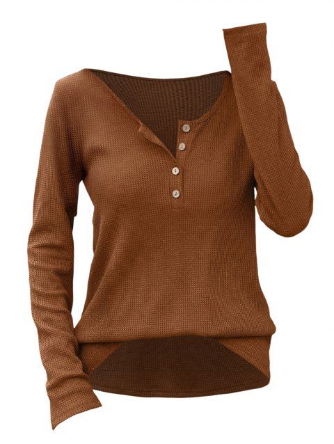 Haut décontracté de couleur unie, haut à manches longues avec boutons texturés