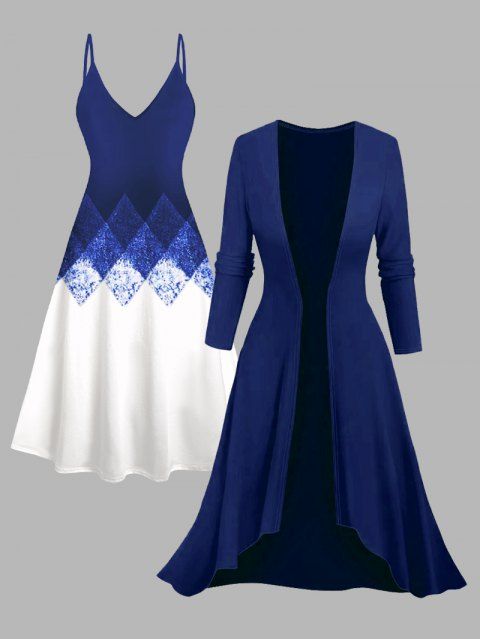 Ensemble robe à bretelles spaghetti et haut ouvert sur le devant à imprimé géométrique colorblock
