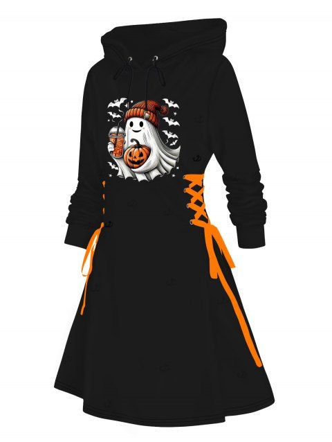 Robe à capuche imprimée citrouille fantôme d'Halloween, mini-robe à lacets et cordons de serrage