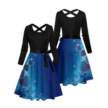 Christmas Dress Snowflake Bell Print Crossover Long Sleeve Belt Dress