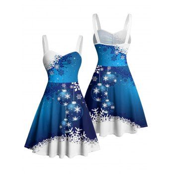 Christmas Dress Colorblock Snowflake Bell Star Print Ruched Mini Dress