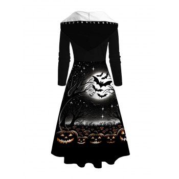 Gothic Hoodie Dress Halloween Night Pumpkin Print Lace Up High Low Dress