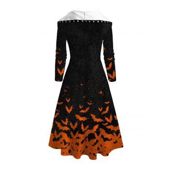 Halloween Hoodie Dress Colorblock Bat Print Lace Up High Low Hooded Dress