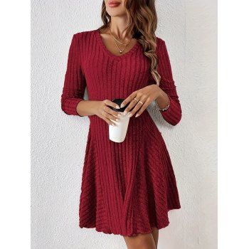 Textured Solid Color Dress V Neck Long Sleeve Mini Dress