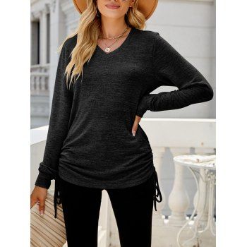 Heather Cinched Casual Top Long Sleeve V Neck Top