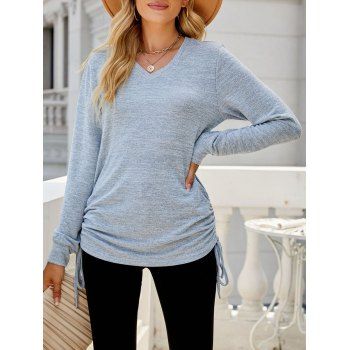 Heather Cinched Casual Top Long Sleeve V Neck Top