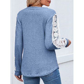 Colorblock Top Lace Panel Sleeve Textured Curved Hem Top