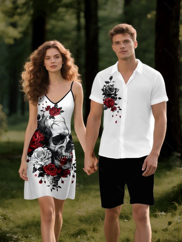 Robe Chemise Rose et Cercle O Imprimés Manches Roulées à Col V pour Femme - Blanc S | US 4