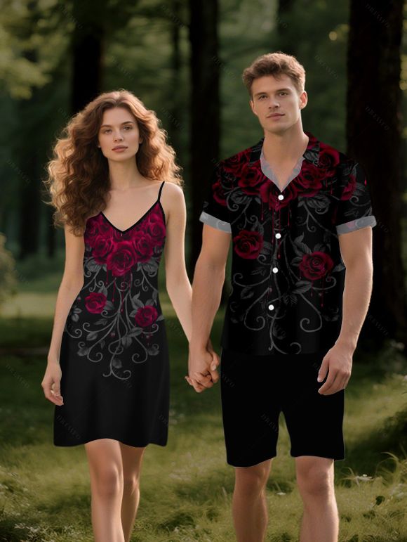 Robe Chemise Costume Rose Saignant Imprimée à Col V pour Homme - Noir S | US 4