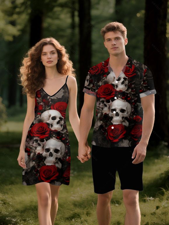 Gothic Couple Outfit Allover Skulls Rose Print Spaghetti Strap A Line Mini Tank Dress and Roll Up Sleeve Shirt Matching Outfit - Noir S | US 4