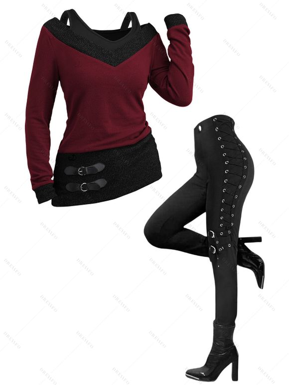 Women Outfit Textured Heather Faux Twinset Top and Grommet Pants Set - Rouge Vineux S | US 4