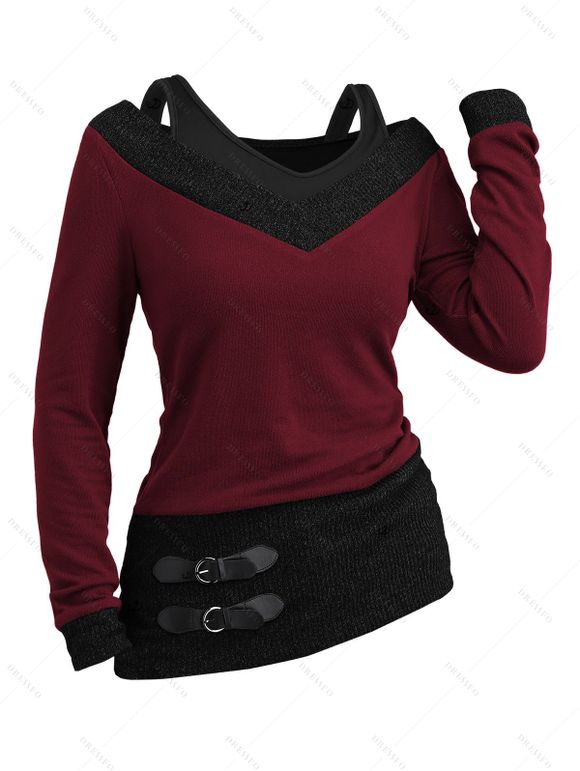 Women Outfit Textured Heather Faux Twinset Top and Grommet Leggings Set - Rouge Vineux S | US 4