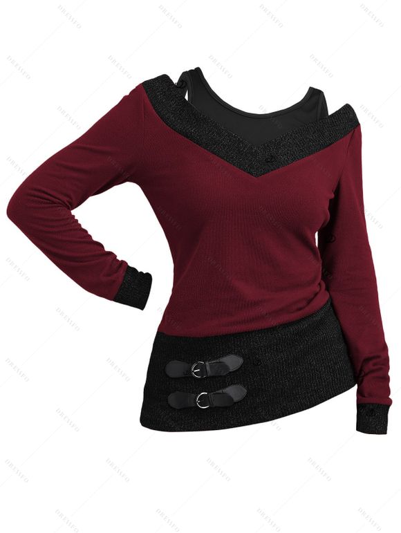Women Outfit Textured Heather Faux Twinset Top and Grommet Leggings Set - Rouge Vineux S | US 4