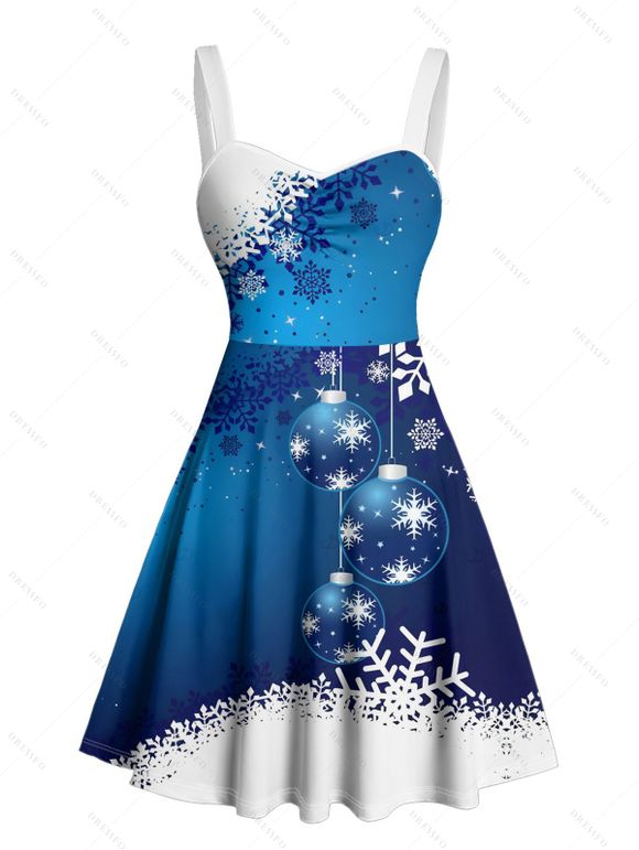 Robe de Noël à imprimé flocons de neige, cloches et étoiles, mini-robe froncée - Bleu XXXXXL | US 20
