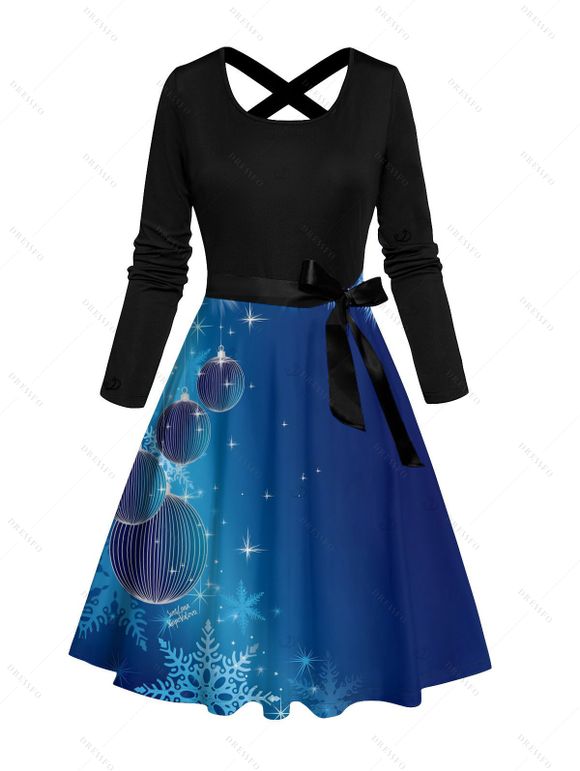 Robe de Noël à imprimé flocons de neige et cloches, croisée, manches longues, ceinture - Bleu XXXXXL | US 20