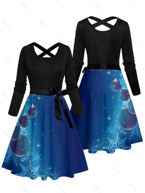 Robe de Noël à imprimé flocons de neige et cloches, croisée, manches longues, ceinture - Bleu XL | US 12