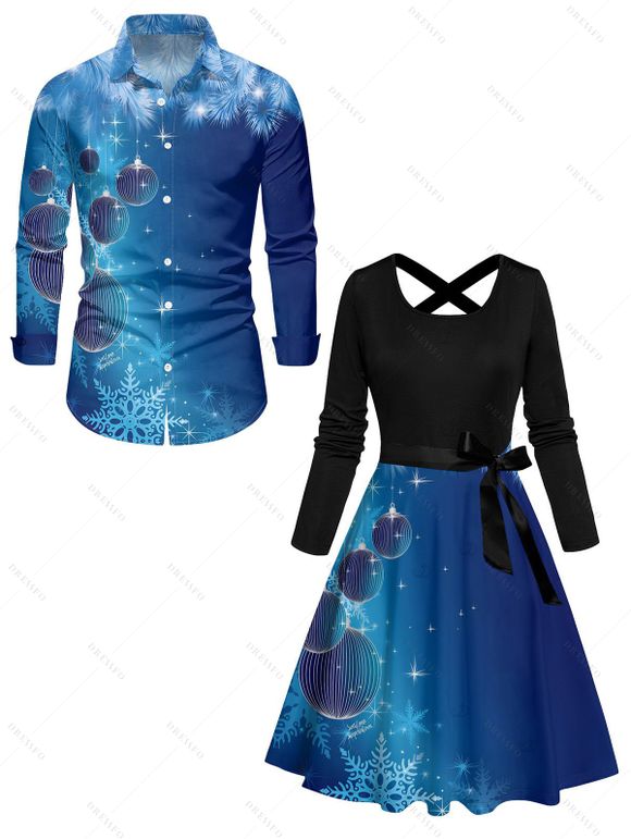 Christmas Couple Outfit Snowflake Bell Print Crossover Belt Dress and Shirt Set - Bleu S | US 4