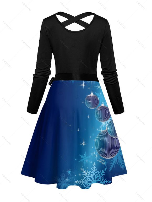 Christmas Couple Outfit Snowflake Bell Print Crossover Belt Dress and Shirt Set - Bleu S | US 4